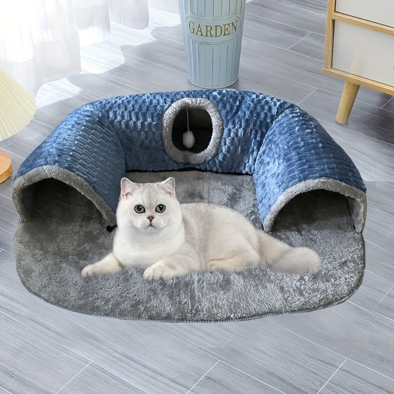 3-in-1 Cozy Cat Tunnel Bed – Play Mat & Warm Nest for Small Pets