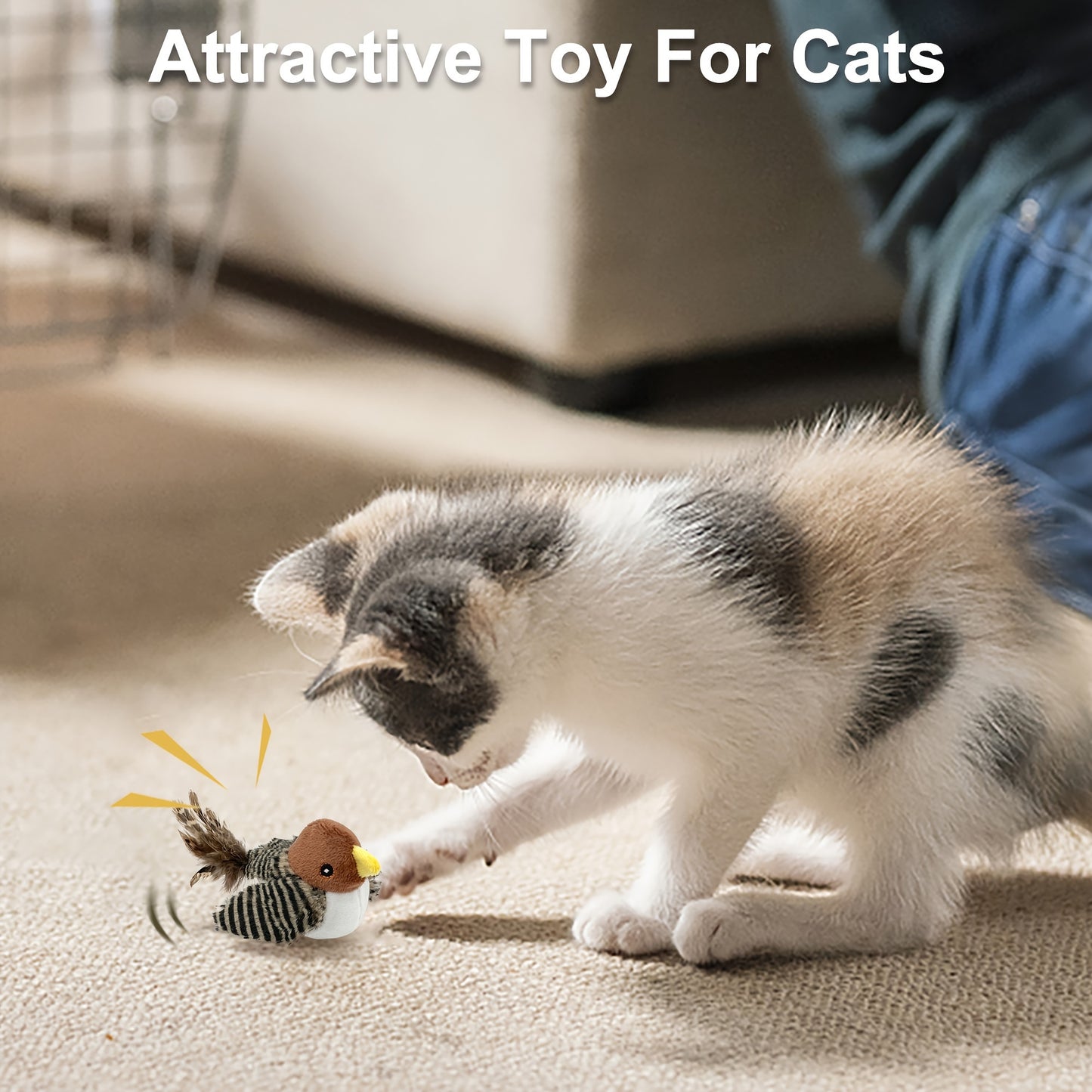 FeatherFrenzy: Battery-Powered Bird Call Toy with Feather Tail for Cats