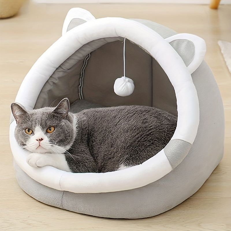 WhiskerWise: Cartoon Cat Cave Bed for Warmth & Playful Naps