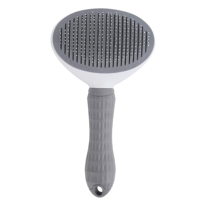 PawsClean: Soft Bristle Pet Brush with Self-Cleaning Feature (Gray/White/Pink)