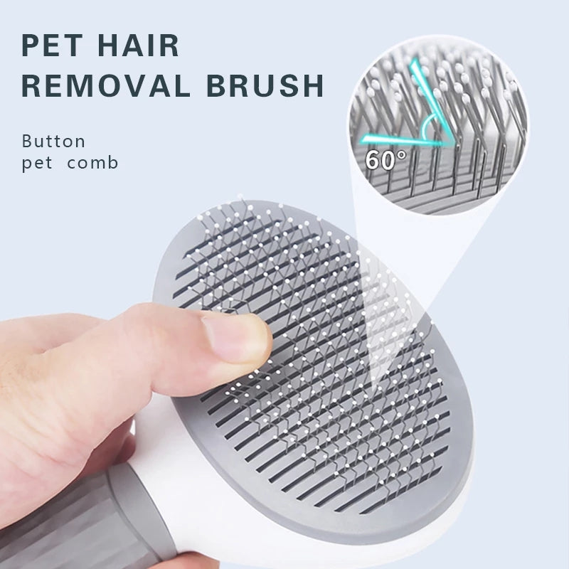 PawsClean: Soft Bristle Pet Brush with Self-Cleaning Feature (Gray/White/Pink)