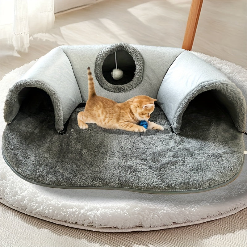 3-in-1 Cozy Cat Tunnel Bed – Play Mat & Warm Nest for Small Pets