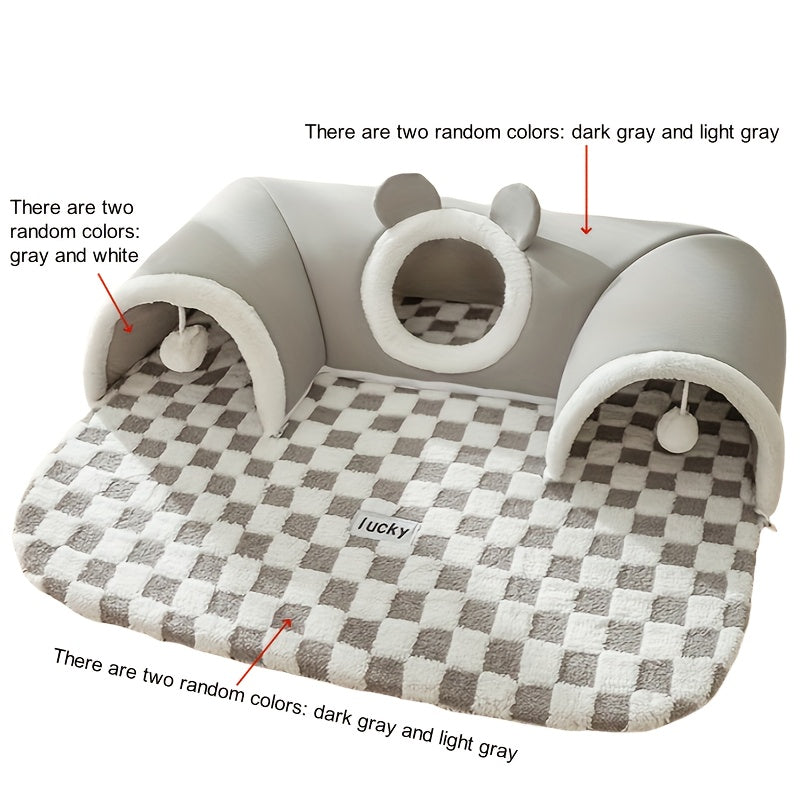 FestivePaws: Holiday Cat Tunnel with Plaid Design & Bear Bed