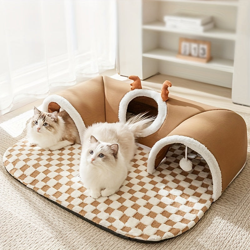 FestivePaws: Holiday Cat Tunnel with Plaid Design & Bear Bed