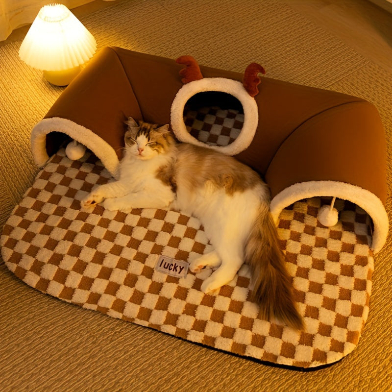 FestivePaws: Holiday Cat Tunnel with Plaid Design & Bear Bed