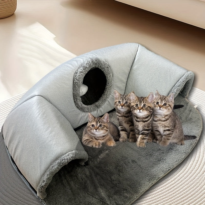 3-in-1 Cozy Cat Tunnel Bed – Play Mat & Warm Nest for Small Pets