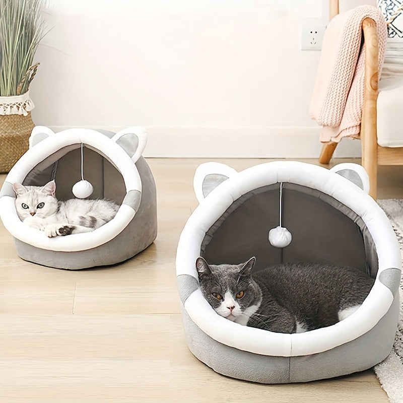 WhiskerWise: Cartoon Cat Cave Bed for Warmth & Playful Naps