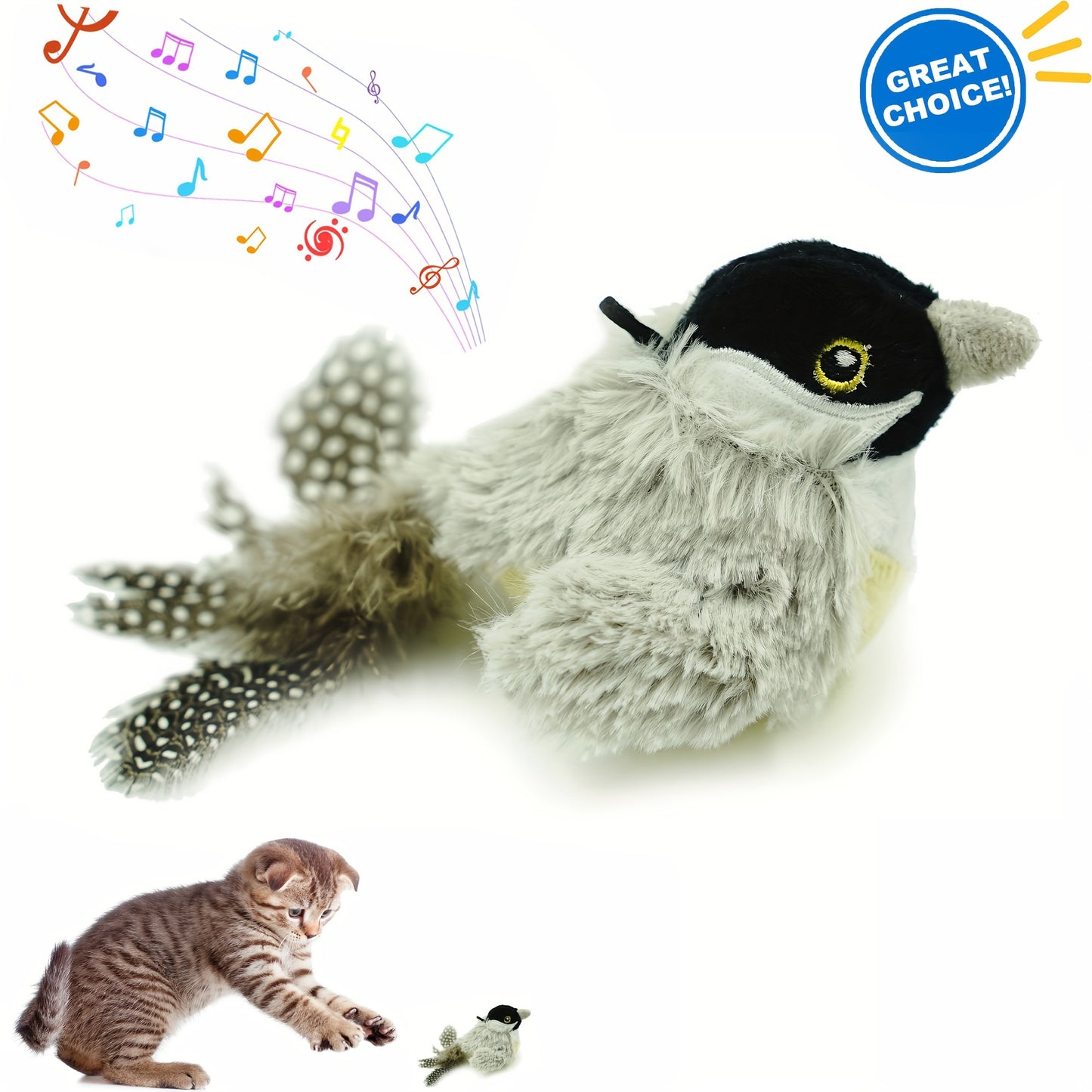 FeatherFrenzy: Battery-Powered Bird Call Toy with Feather Tail for Cats