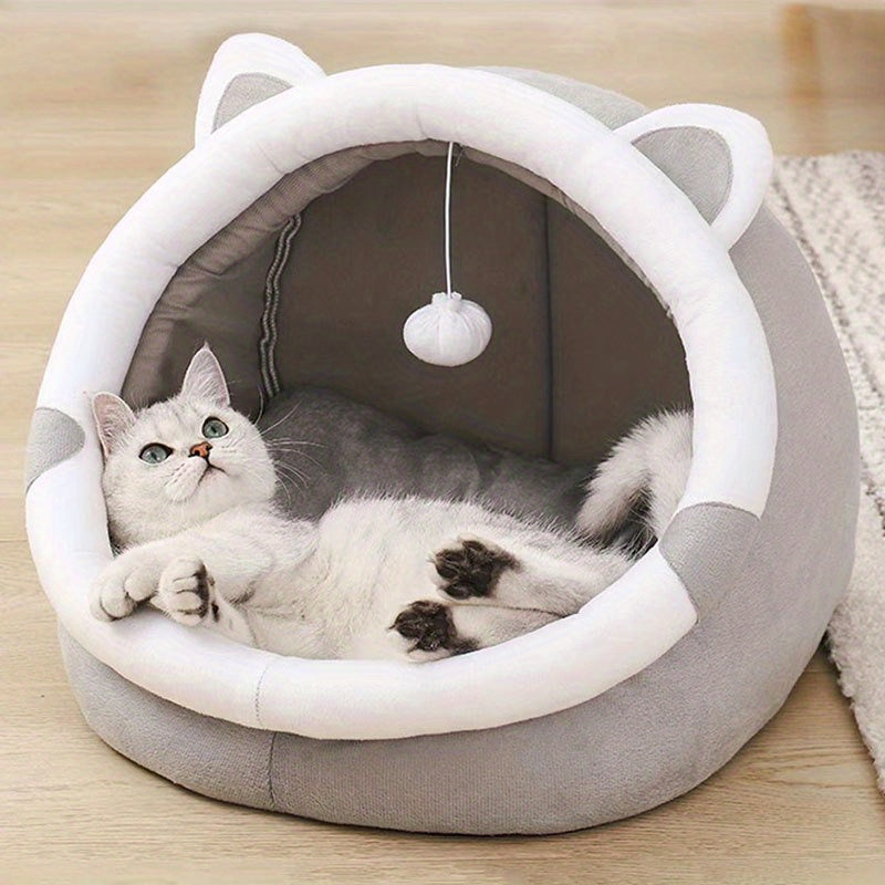 WhiskerWise: Cartoon Cat Cave Bed for Warmth & Playful Naps