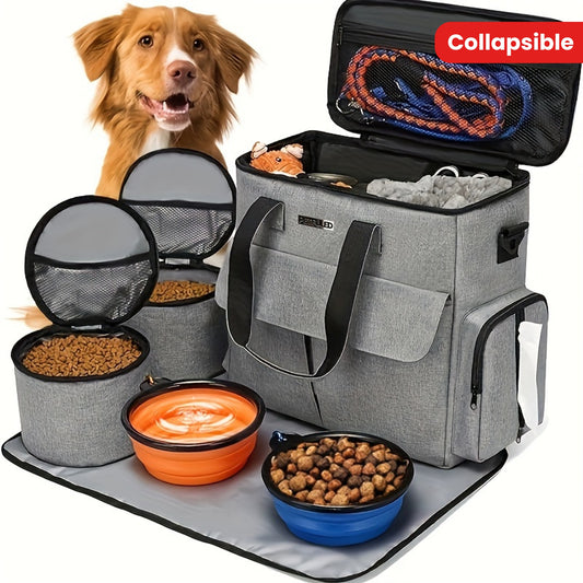 Weekend Getaway: Airline-Approved Pet Travel Kit with Bowls & Storage (Gray/Blue)