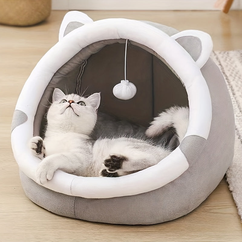 WhiskerWise: Cartoon Cat Cave Bed for Warmth & Playful Naps