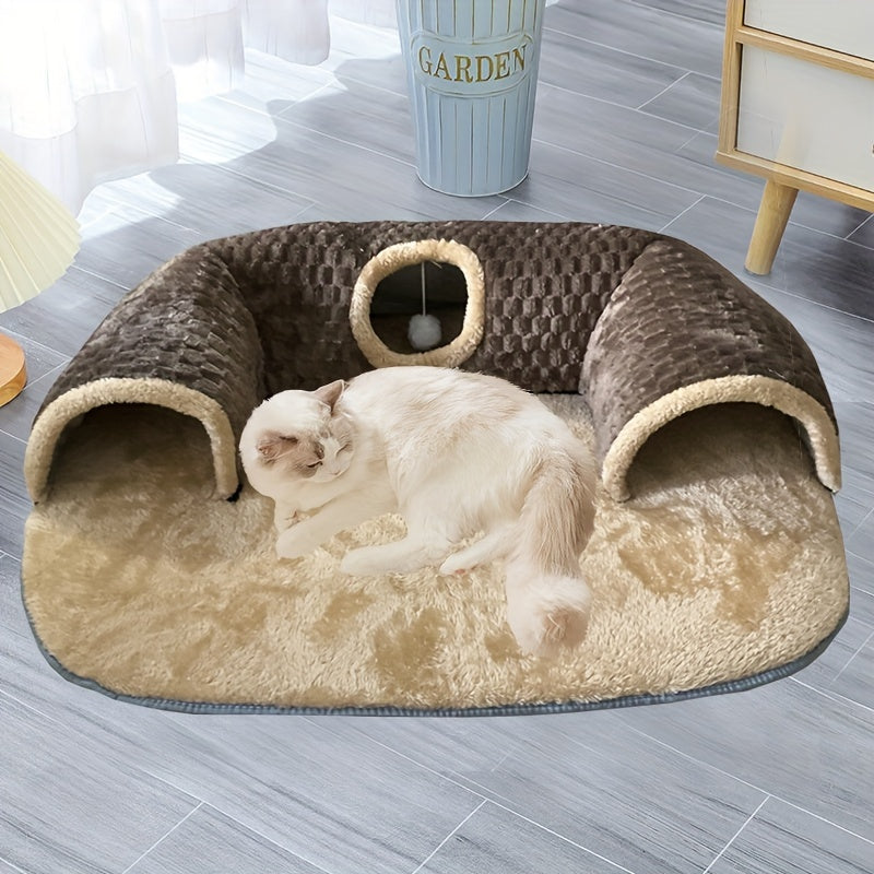 3-in-1 Cozy Cat Tunnel Bed – Play Mat & Warm Nest for Small Pets