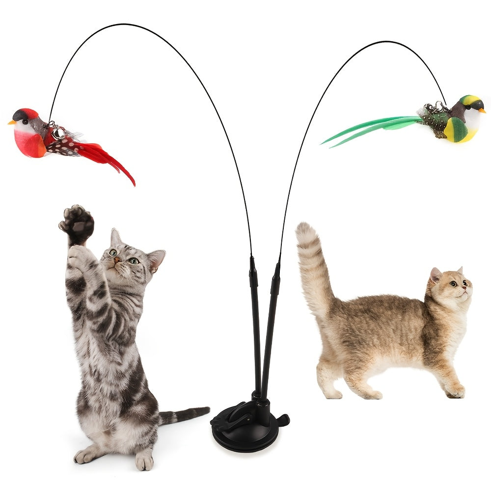 WhiskerWhirl: Suction Cup Bird Toy with Feathers & Bell for Cats