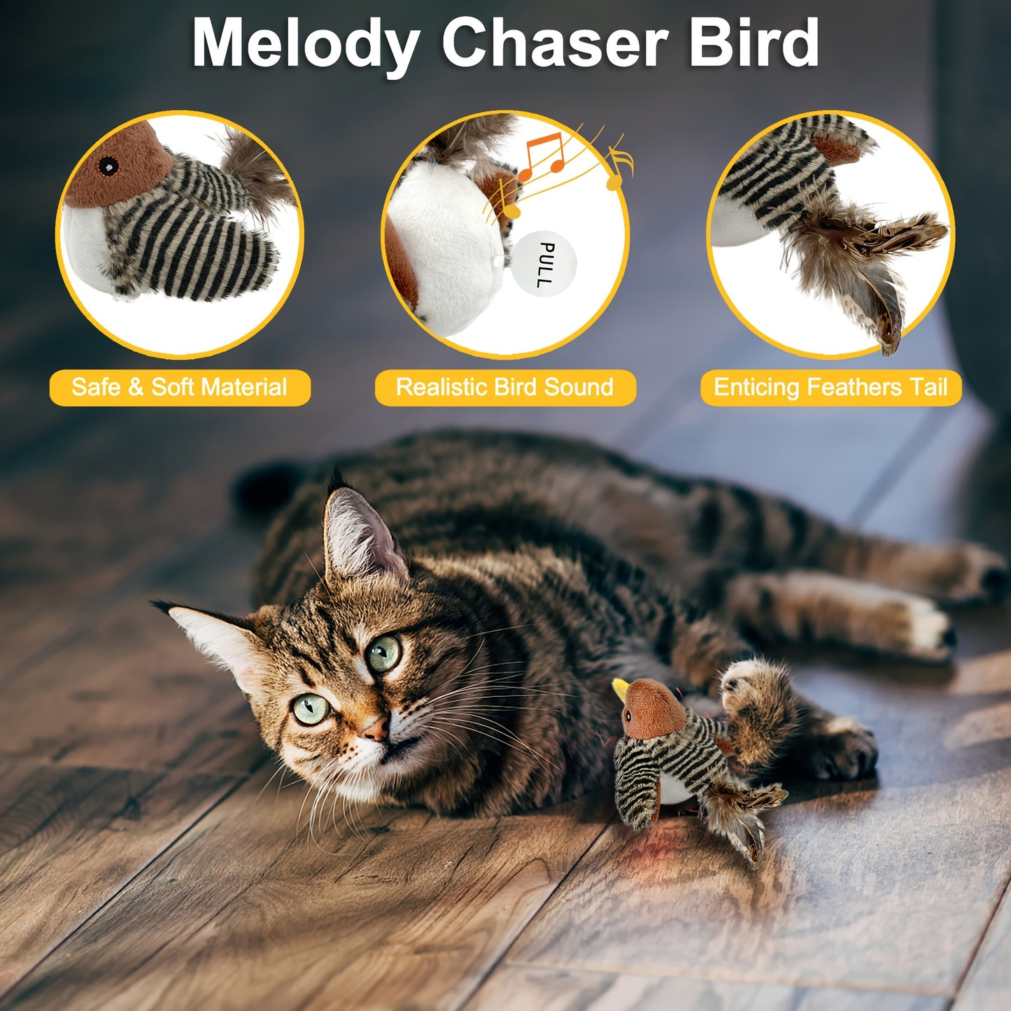 FeatherFrenzy: Battery-Powered Bird Call Toy with Feather Tail for Cats