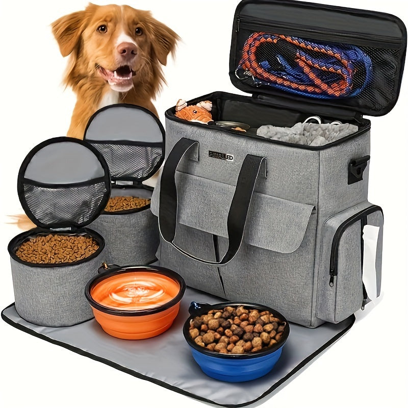 Weekend Getaway: Airline-Approved Pet Travel Kit with Bowls & Storage (Gray/Blue)