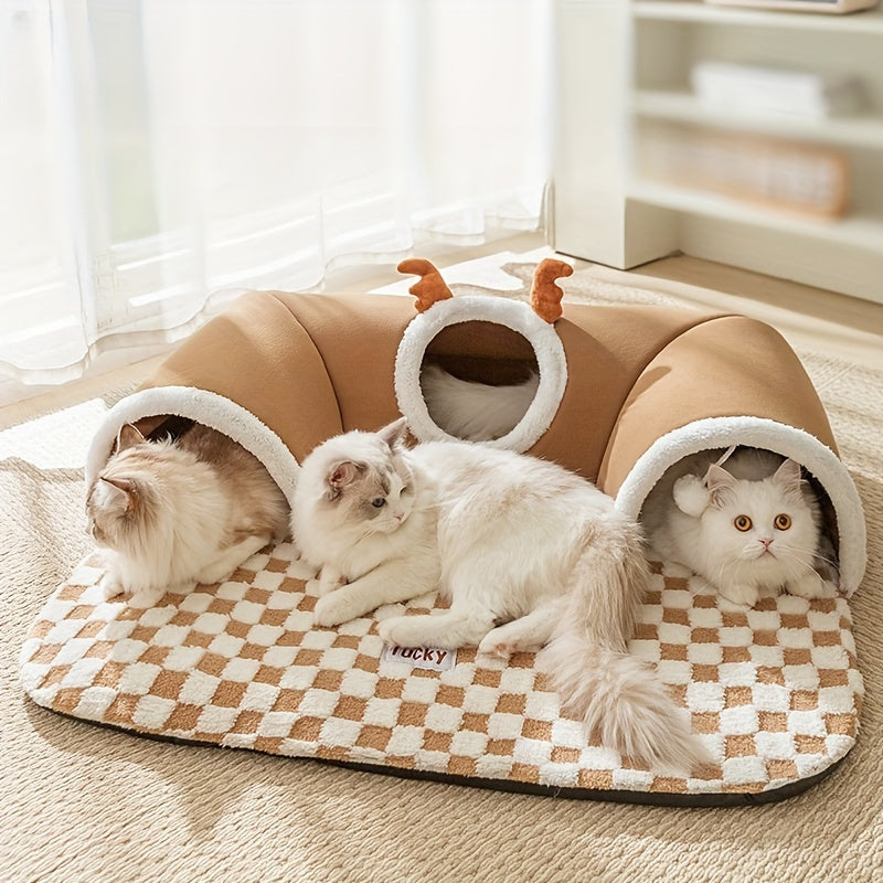 FestivePaws: Holiday Cat Tunnel with Plaid Design & Bear Bed