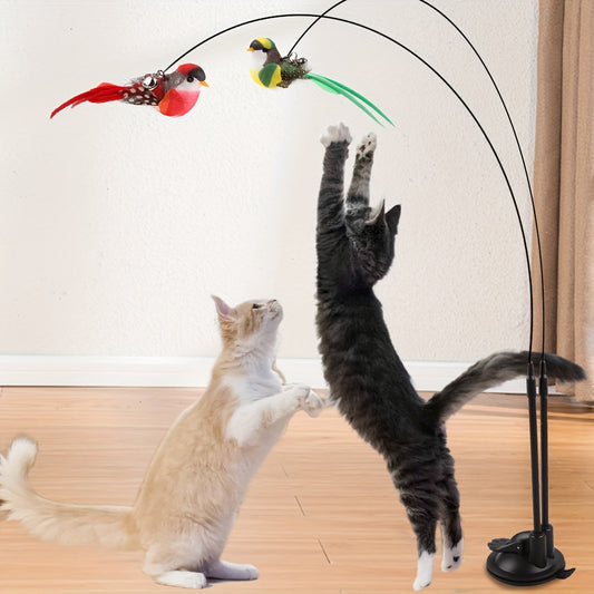 WhiskerWhirl: Suction Cup Bird Toy with Feathers & Bell for Cats