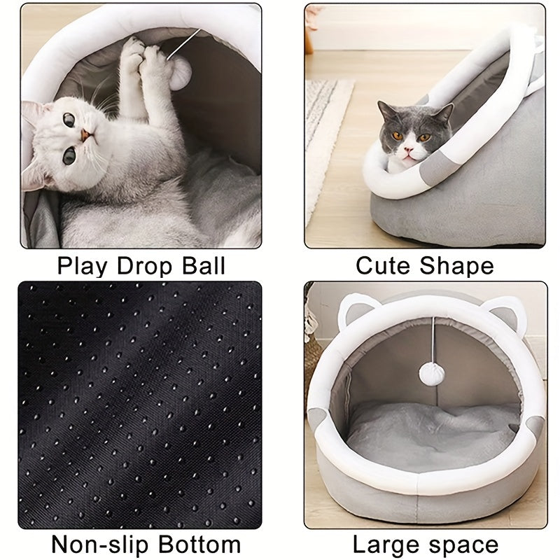 WhiskerWise: Cartoon Cat Cave Bed for Warmth & Playful Naps