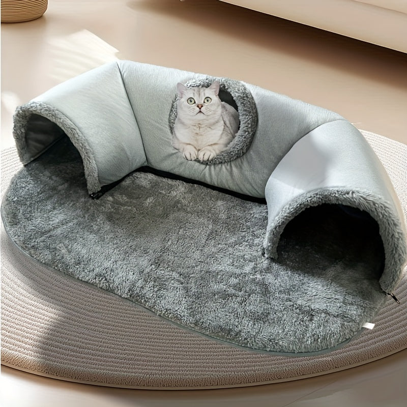 3-in-1 Cozy Cat Tunnel Bed – Play Mat & Warm Nest for Small Pets