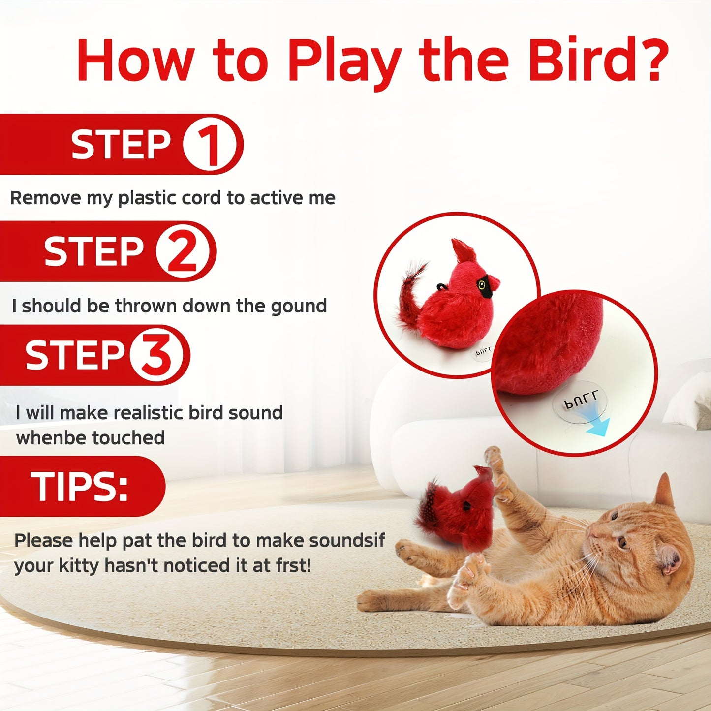 FeatherFrenzy: Battery-Powered Bird Call Toy with Feather Tail for Cats