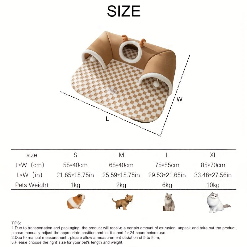 FestivePaws: Holiday Cat Tunnel with Plaid Design & Bear Bed