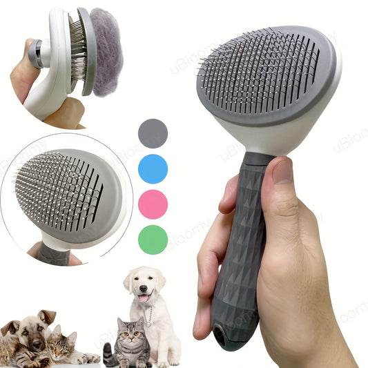 PawsClean: Soft Bristle Pet Brush with Self-Cleaning Feature (Gray/White/Pink)