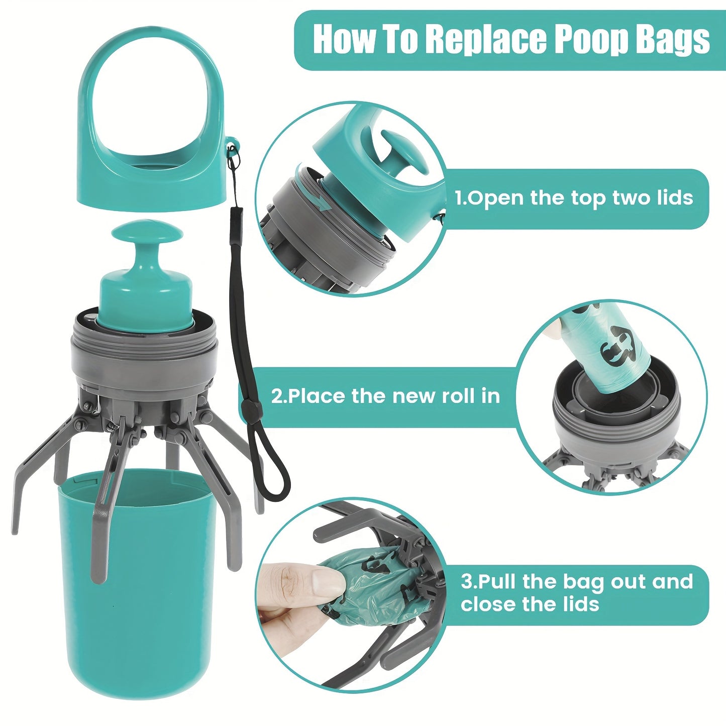 ClawGrip Pro: Portable Dog Poop Scooper with Leak-Proof Dispenser (Teal)