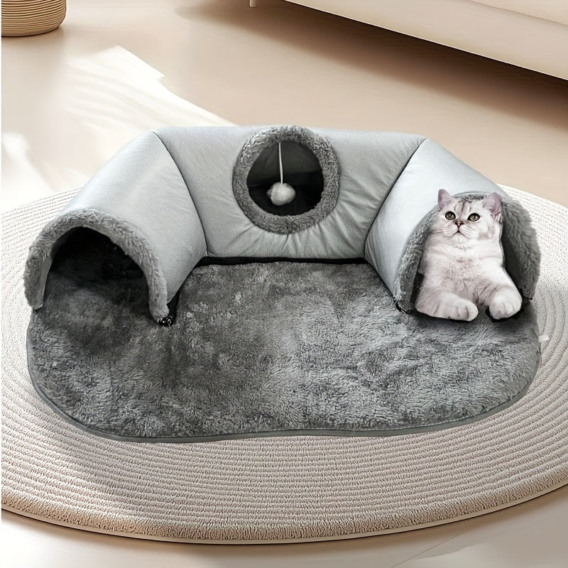 3-in-1 Cozy Cat Tunnel Bed – Play Mat & Warm Nest for Small Pets