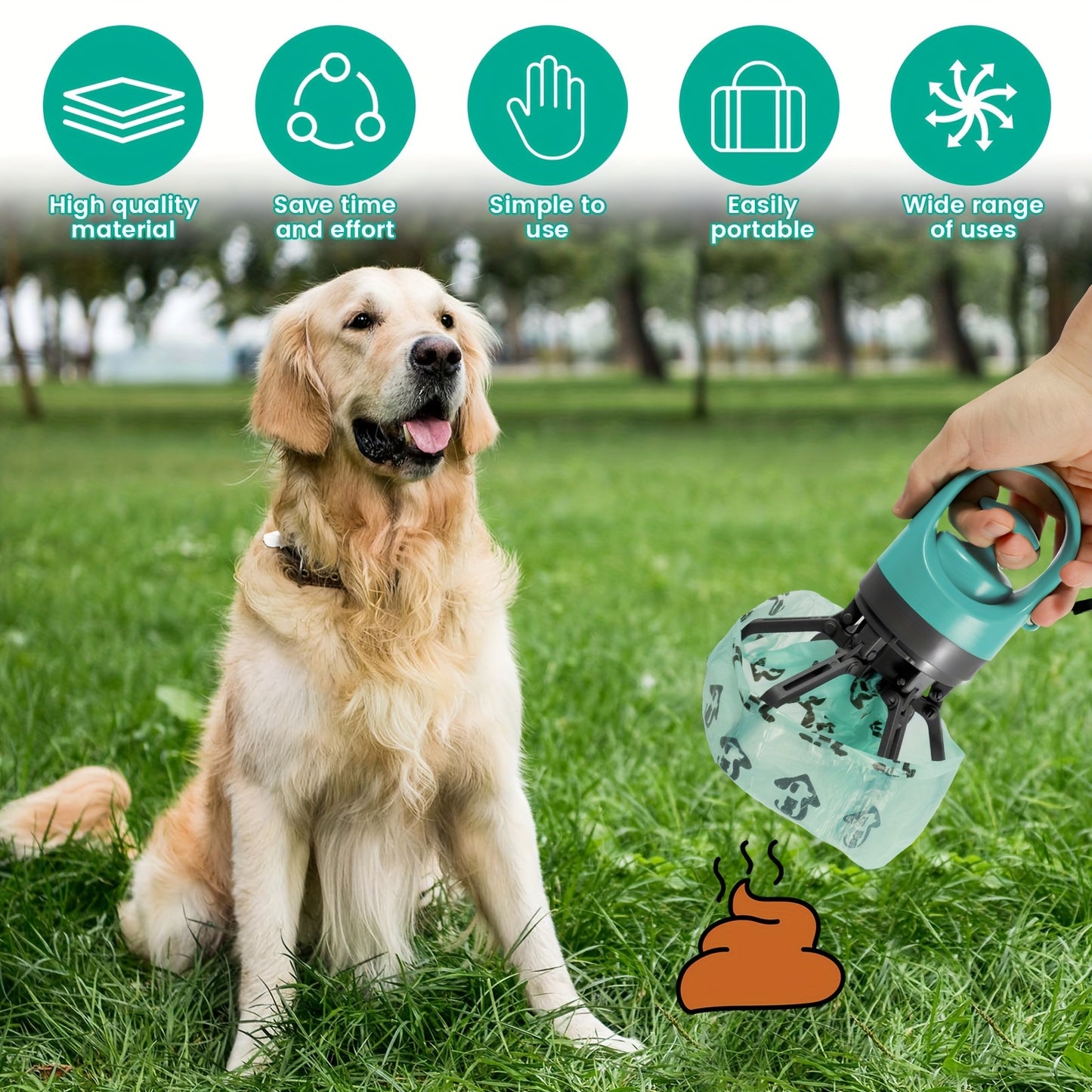 ClawGrip Pro: Portable Dog Poop Scooper with Leak-Proof Dispenser (Teal)