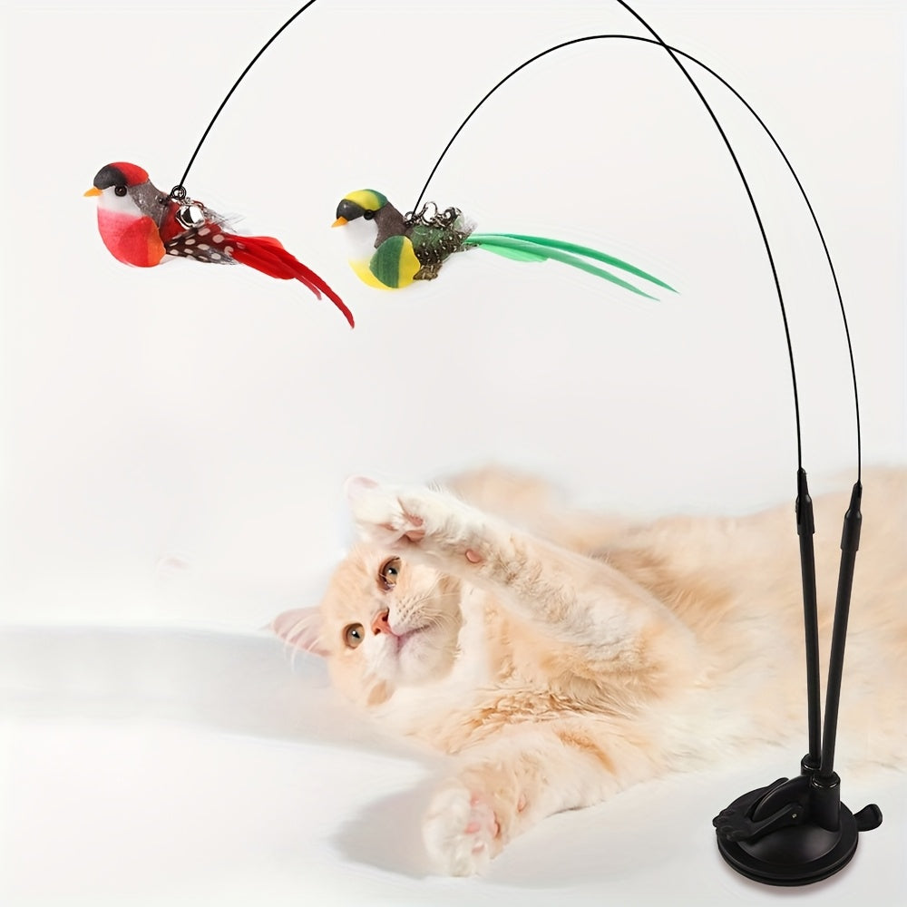 WhiskerWhirl: Suction Cup Bird Toy with Feathers & Bell for Cats